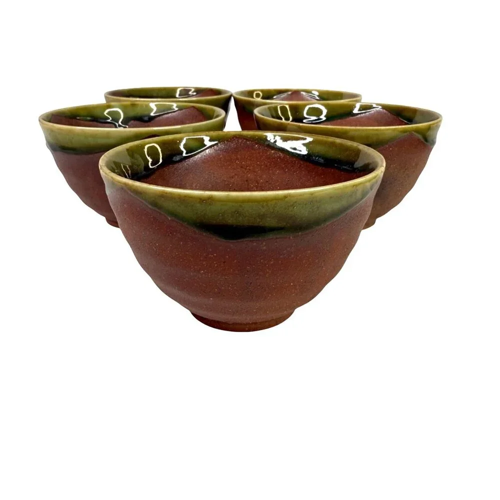 5 Hand Thrown Pottery Bowls Terracotta With Green Drip Glaze Edge Studio Art - Picture 4 of 11